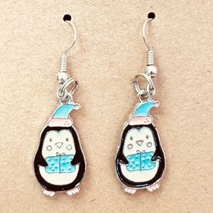 Handcrafted Stainless Steel Penguin Dangle Earrings Winter Enamel